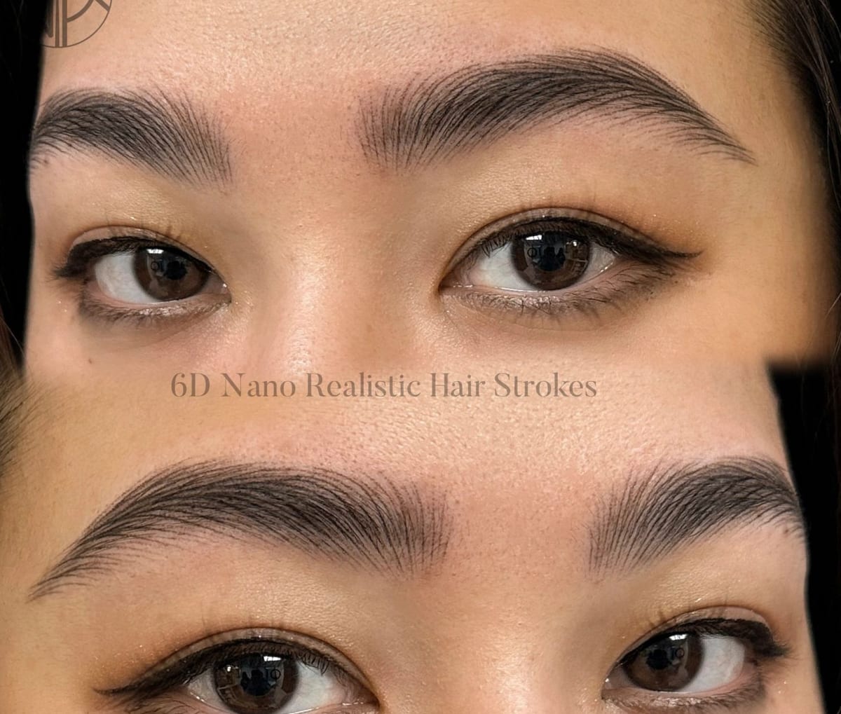 Två närbilder på nano brows hos kund med mörka ögon